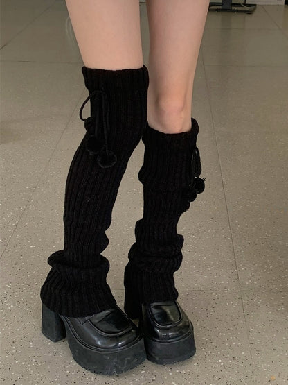 White/Beige/Light Grey/Black Knitted Leg Warmers With Pompons