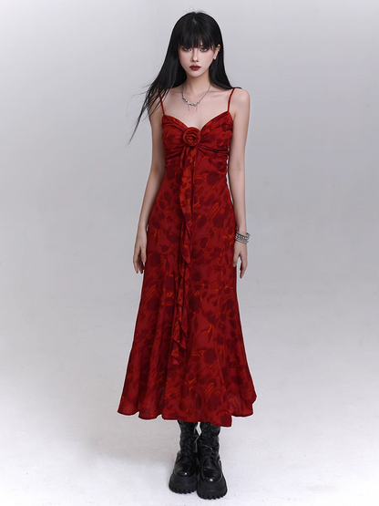 Red Sweetheart Neckline Cascading Ruffle Floral Cami Dress