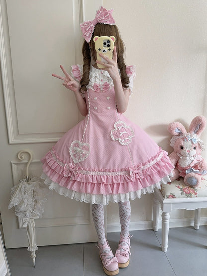 Pink Ruffle Lolita Dress Nurse Hemline Polka-dot Layered Pattern