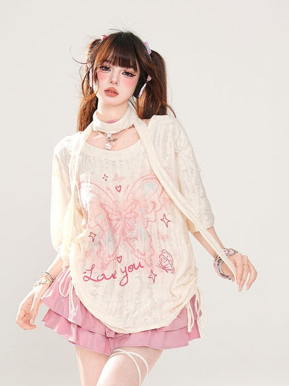 with Butterfly Print Distressed Holes Asymmetrical Apricot T-Shirt Neckline Free Scarf