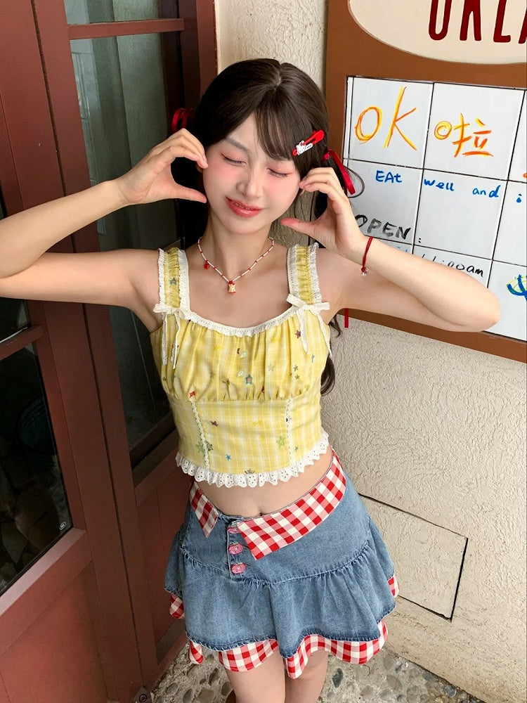 Trim Lace Star Print Top Yellow Plaid Cropped Sleeveless