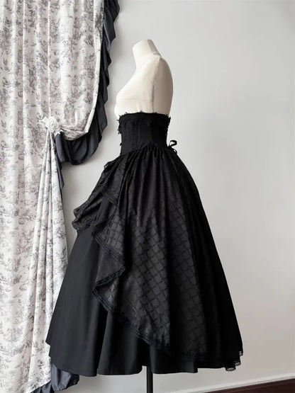 Schwarzer Korsett-Taillenrock mit Knochen und hoher Taille, Aristokratischer Gothic-Lolita-Rock