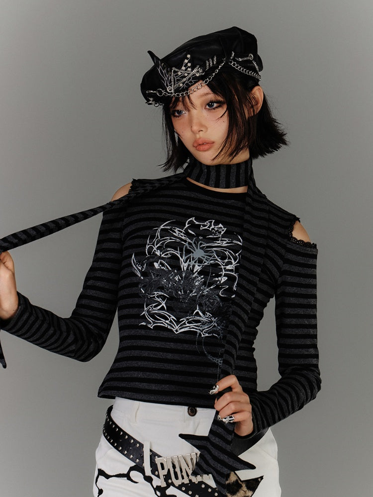 mit Schal Schwarz Grau Gestreift Cutout Schulter Grafik Top Star Punk