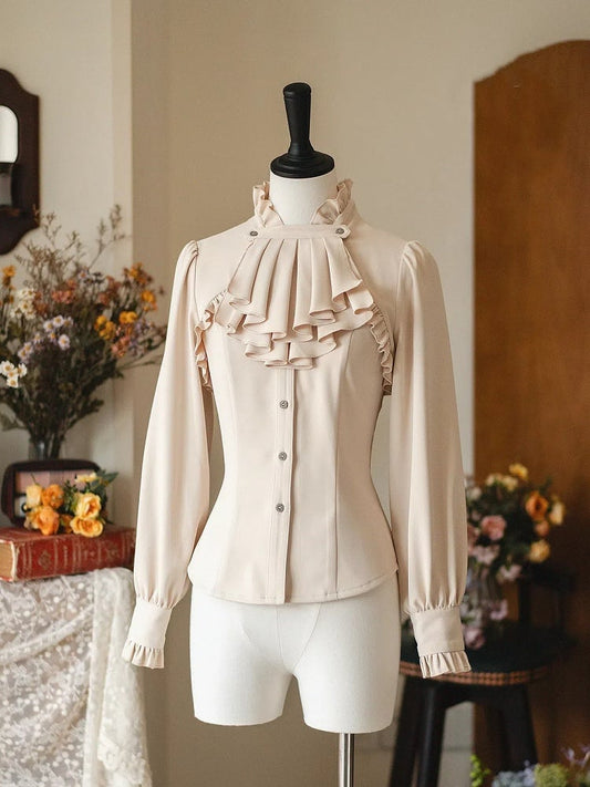 Aprikosenfarbenes, elegantes Langarmhemd mit Rüschenkragen und abnehmbarer Schleife/Jabot-Krawatte