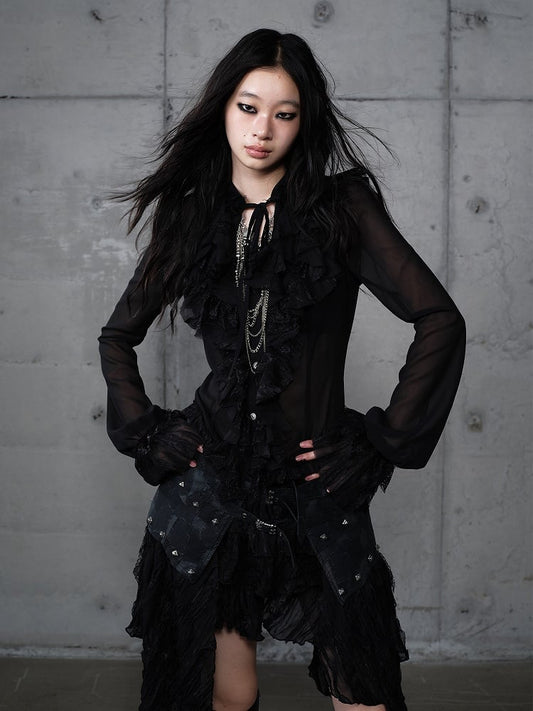 with Lace Tie-Neck Delicate Blouse Vintage Black Accents Princess
