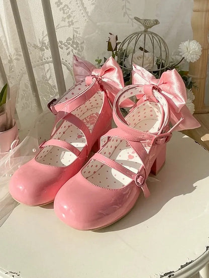 PU - Akzent Süßes Schleifendesign Tiefer Kreuz- und Mittelabsatz Lolita Pink Schuhe