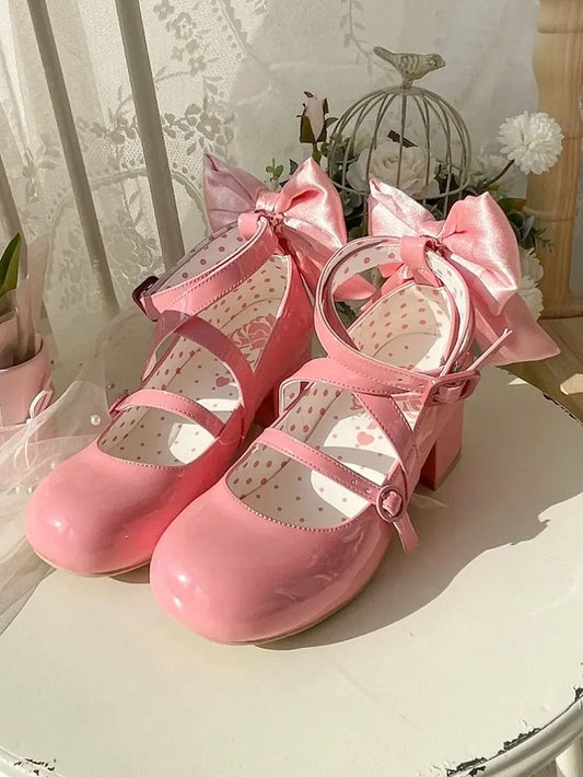 PU - Akzent Süßes Schleifendesign Tiefer Kreuz- und Mittelabsatz Lolita Pink Schuhe