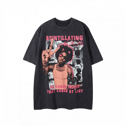 Black Round Neck Vintage Print Loose T-Shirt