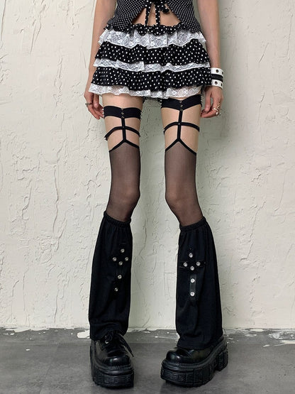 Cross Leg Sleeves With Appliques Y2K Black