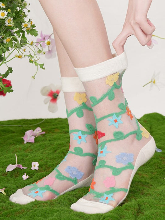 Floral Calf Semi-sheer Socks Pattern Pink/Blue/Beige