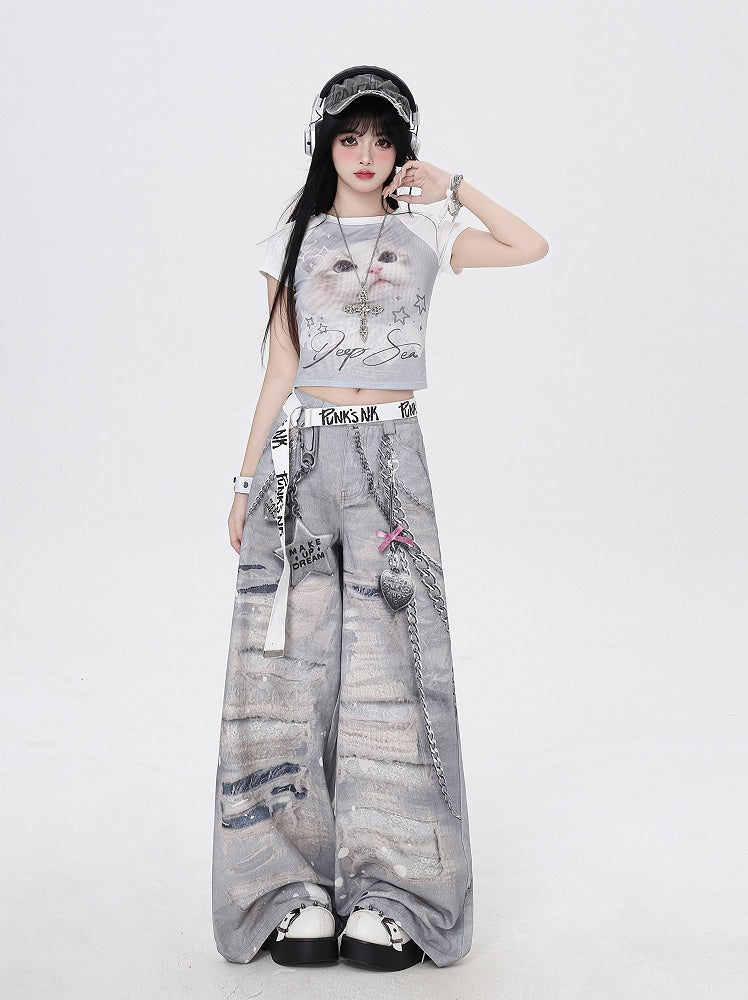 Grey Low Holes Waist Distressed Chains 3D Print Wide-Leg Casual Pants and