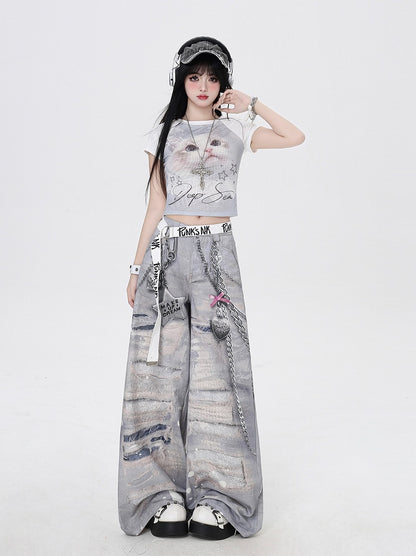 Grey Low Holes Waist Distressed Chains 3D Print Wide-Leg Casual Pants and