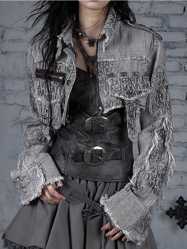 Wasteland Jacket Stripes Skeleton Brown Cropped Decorated Buckle And Pattern Punk