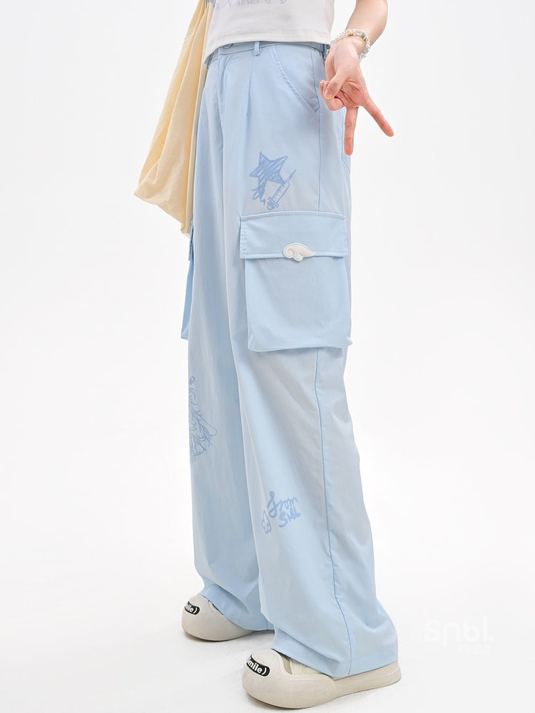 Loose Straight-Leg Pants Pockets Blue Anime Print Cargo