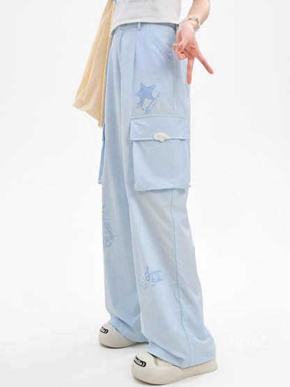 Loose Straight-Leg Pants Pockets Blue Anime Print Cargo