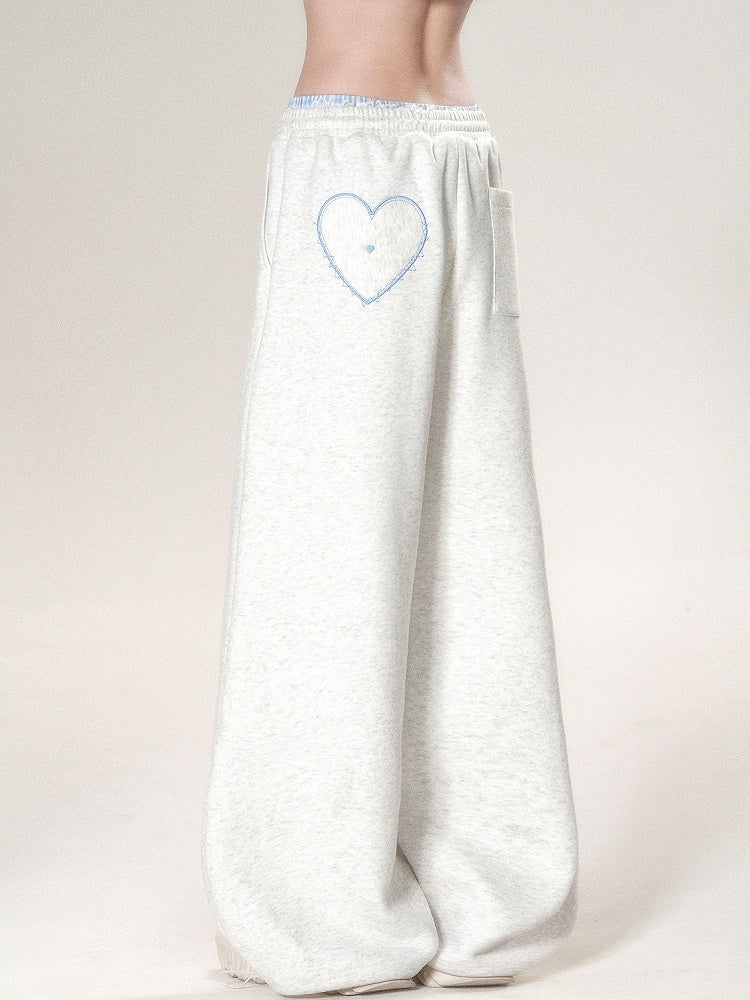 Embroidery Light Wide-leg Gray And Cut Letter Pants Trim Heart Lace