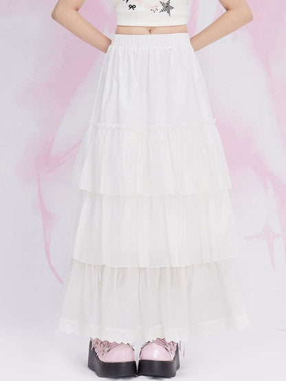 White Lace Trim Tiered Maxi Skirt