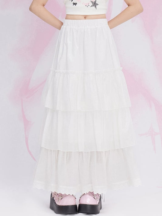 White Lace Trim Tiered Maxi Skirt