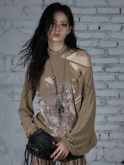 Distressed Beige/Khaki Top Neckline Punk Asymmetrical Sun Protection Wasteland Holes