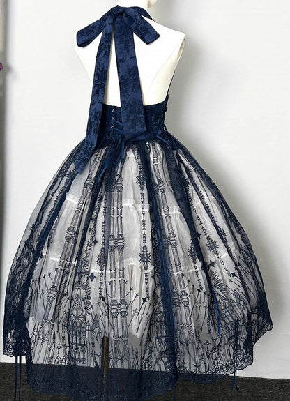 Dark Blue Gothic Lolita Corset Belt with Drawstring Design Cathedral Overlay