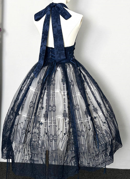 Dark Blue Gothic Lolita Corset Belt with Drawstring Design Cathedral Overlay