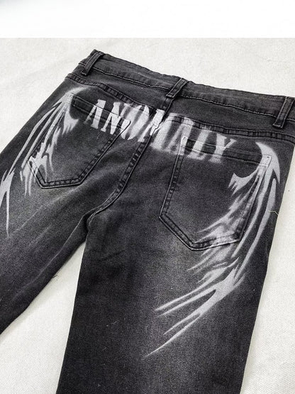 Flare Black Wings Print Y2K Jeans And Silhouette Cross