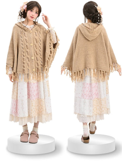 Cape with Tassel Hem Khaki Knitted Hooded