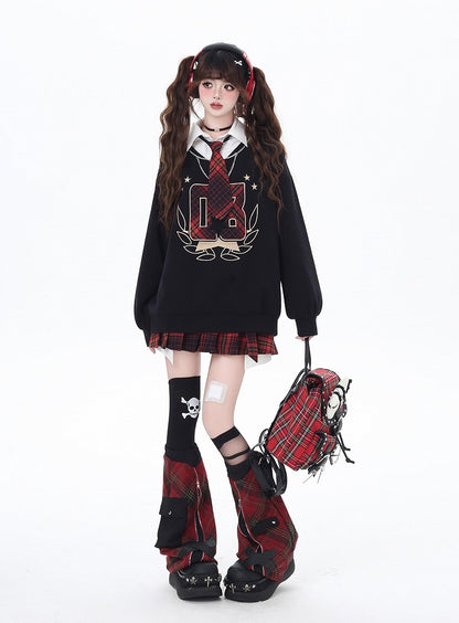 Black Preppy Faux Two-pieces Loose Sweatshirt with Red Plaid Tie