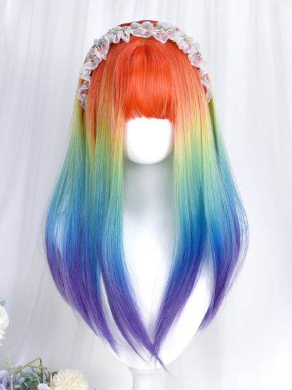 Rainbow Color Under Bust Length Straight Wig With Full Bangs