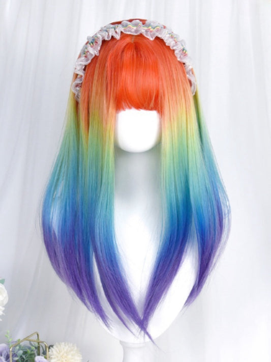 Rainbow Color Under Bust Length Straight Wig With Full Bangs