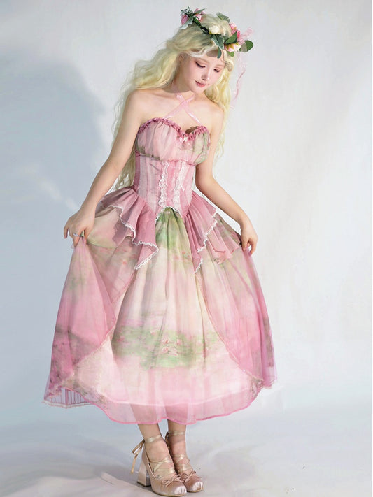 Tiered Flounce Hem Halter Boned Corset Top Pink Print Light Fairy Oil Painting