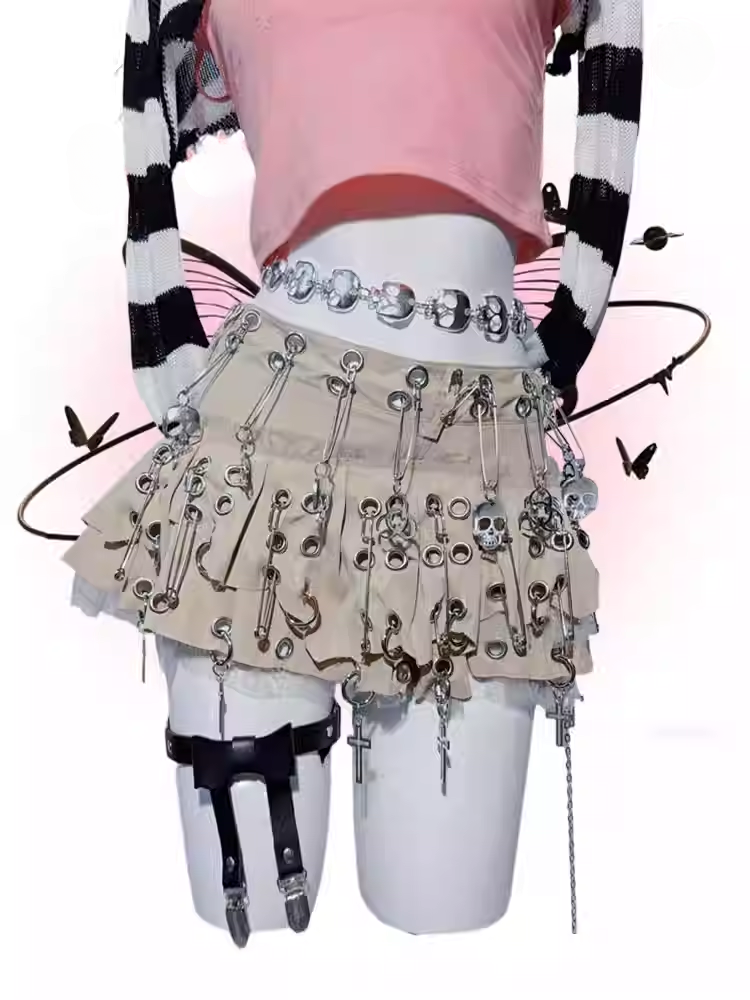 Punk Khaki Asymmetrical Hem Pin Skeleton Cross Skirt
