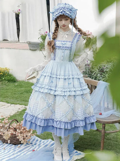 Blue Gingham Pattern and Floral Lace Patches Skirt Casual Lolita Dress