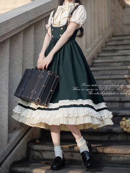 Green Overall Dress in High Waist Style Dark Preppy with Beige Lace Trim