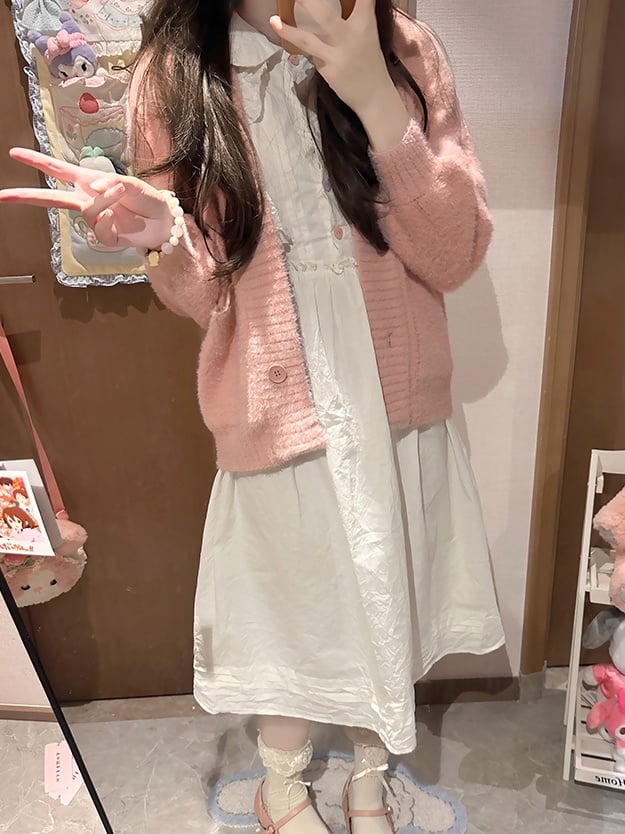 Pink/White Sweet Long Sleeves Knit Cardigan