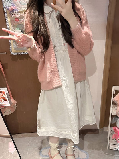 Pink/White Sweet Long Sleeves Knit Cardigan
