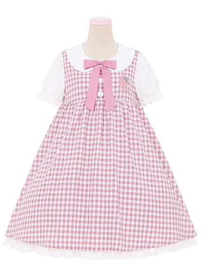 Pink Strawberry Peter Pan Collar Plaid Short Puff Sleeves Dress