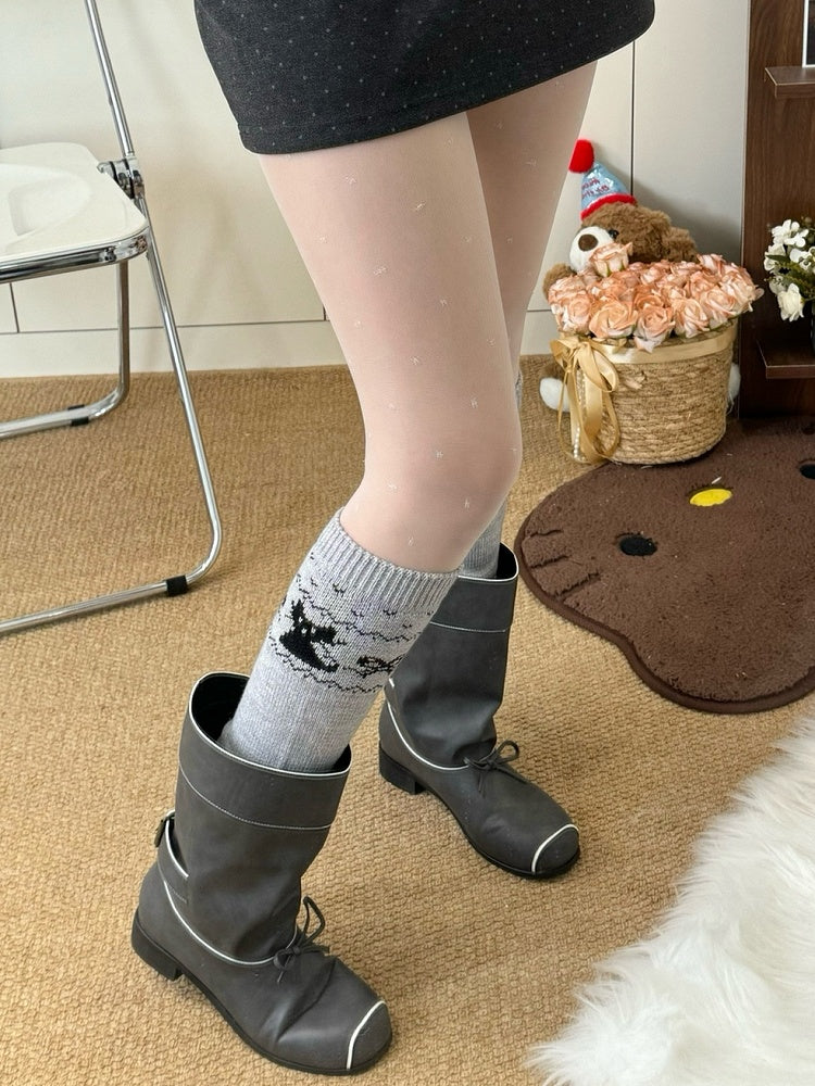 Semi-sheer Polka-dot Tights Black/White Pattern