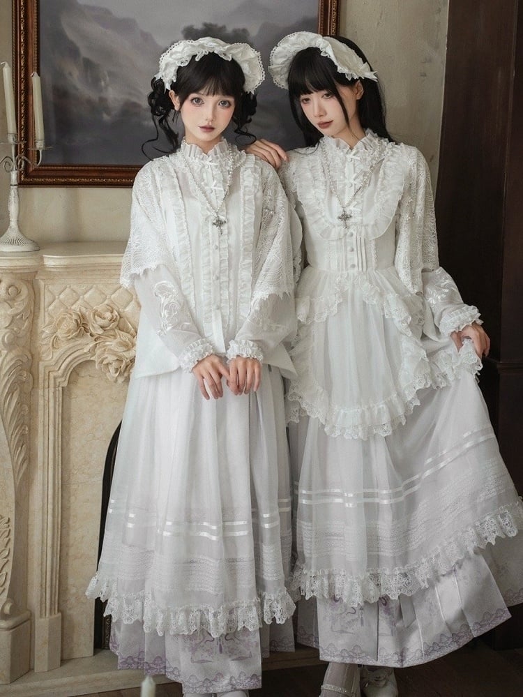 Long Skirt Floral Sleeves Purple + Lolita Print Han Horse-face and Light Blouse White Set Full Snake