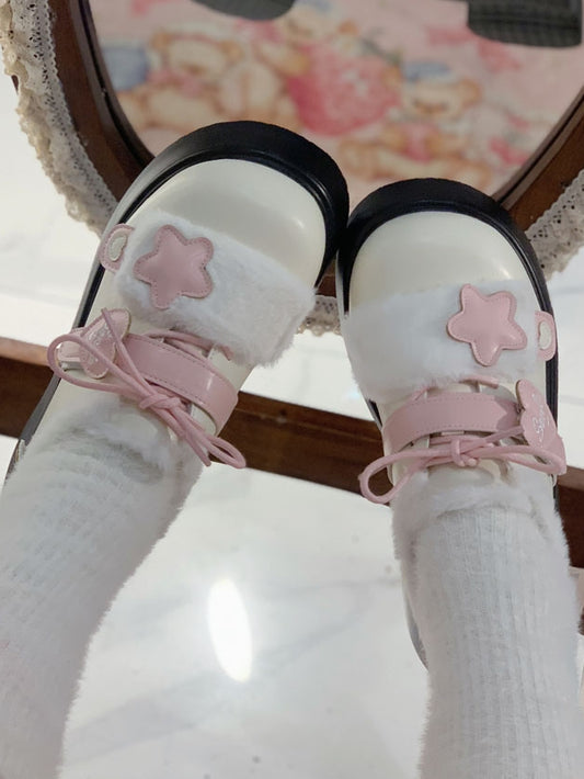 Accents Strap Design Winter Closures Beige Star Lolita Velcro Pink Fleece Lining Sweet Heart Cozy Platforms with