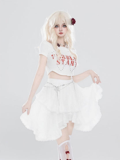 Handkerchief Skirt White A-line Tiered Pleated With Hem