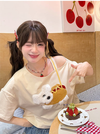 Puppy Applique T-Shirt Asymmetrical Neckline Hotdog Apricot Design