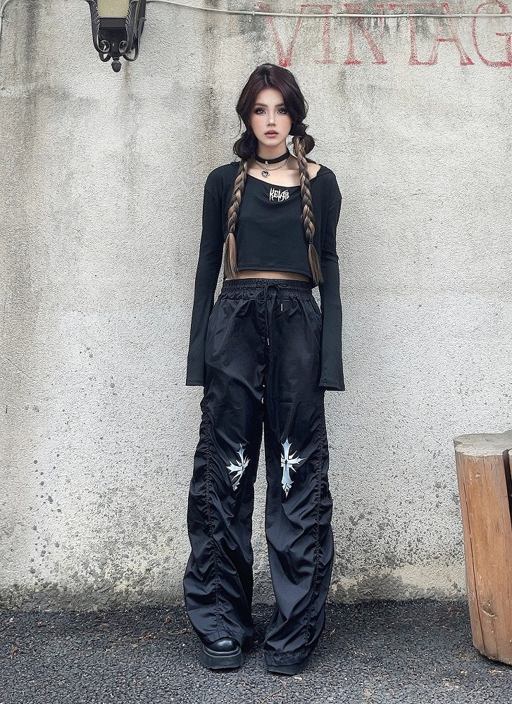 Waist Cross Print Design Drawstring Black Ruched Casual Pants