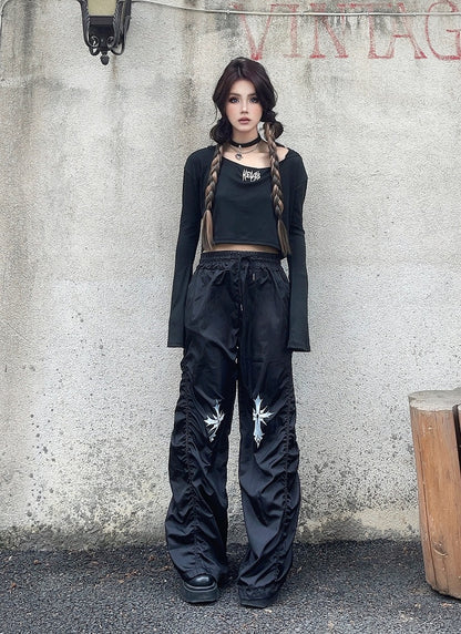 Waist Cross Print Design Drawstring Black Ruched Casual Pants