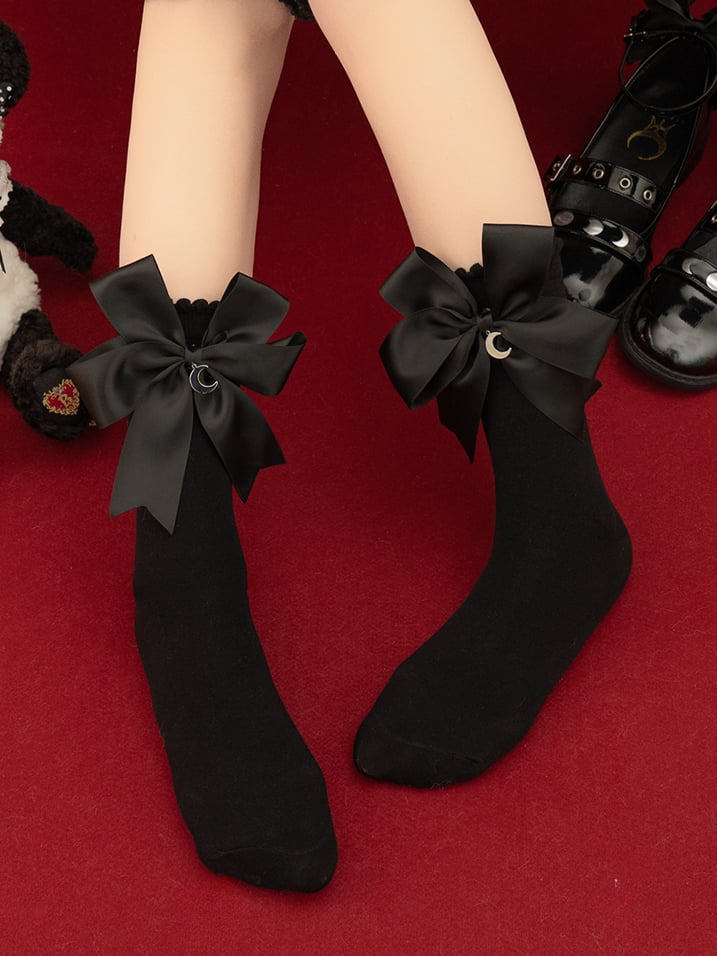 Black White Crescent Moon Charms Bownkot Lolita Socks