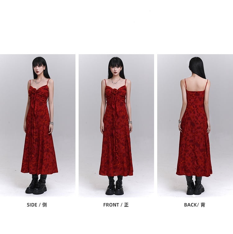 Red Sweetheart Neckline Cascading Ruffle Floral Cami Dress