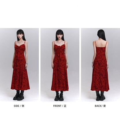 Red Sweetheart Neckline Cascading Ruffle Floral Cami Dress