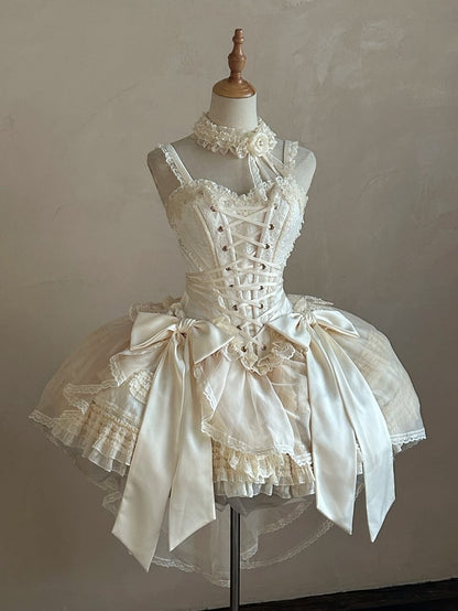 + Top Set Creamy Elegant Balletcore Skirt Lolita High-low Overlay Corset - Boned