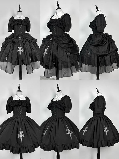 Schwarzer Lolita-Rock mit abnehmbarer Taille und Gothic-Overlay im Pullover-Stil mit Kordelzug