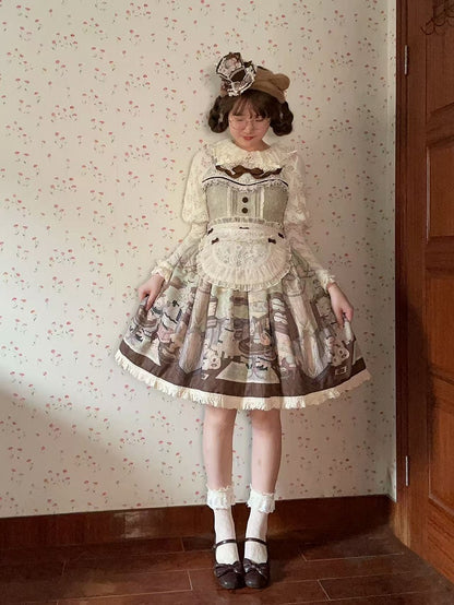 Lolita Little Bear Coffee House Sweet Skirt Green Jumper Print